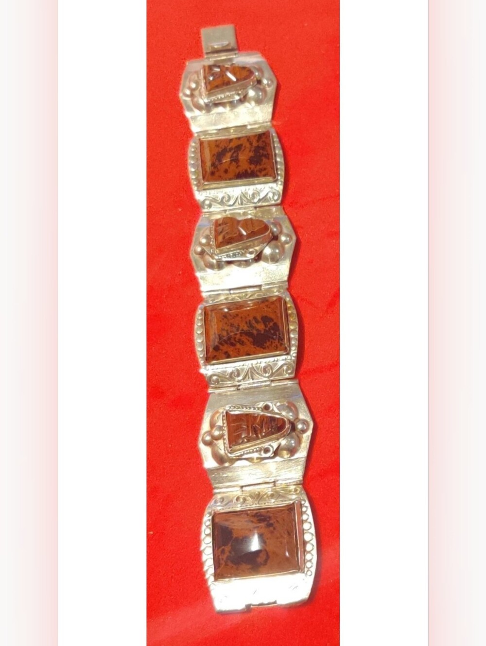 1950s Taxco Mexico Sterling Silver and carved Carnelian 7½" Bracelet